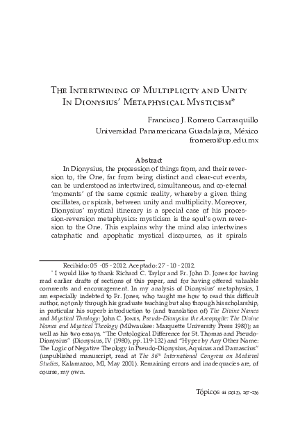 The Intertwining of Multiplicity and Unity in Dionysius’ Metaphysical Mysticism (Tópicos 2013)