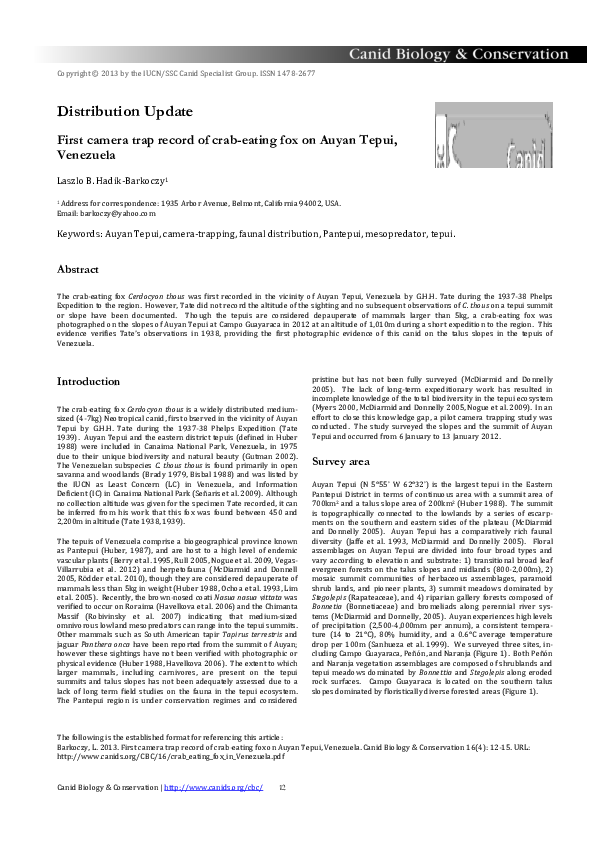 (PDF) First camera trap record of a crabeating fox on Auyan Tepui
