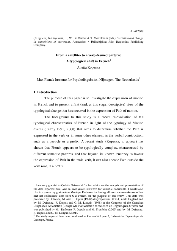 (PDF) From a satellite to a verbframed pattern A typological shift in