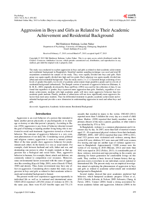 (PDF) PsychologyAggression in Boys and Girls as Related to Their ...