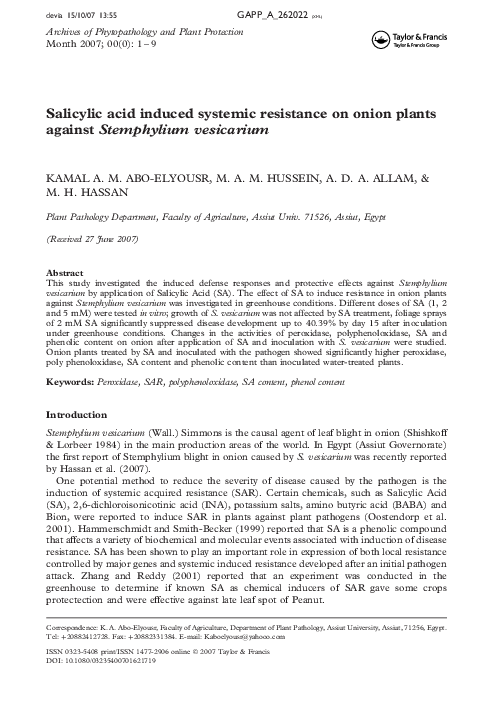 (PDF) Salicylic acid induced systemic resistance on onion plants