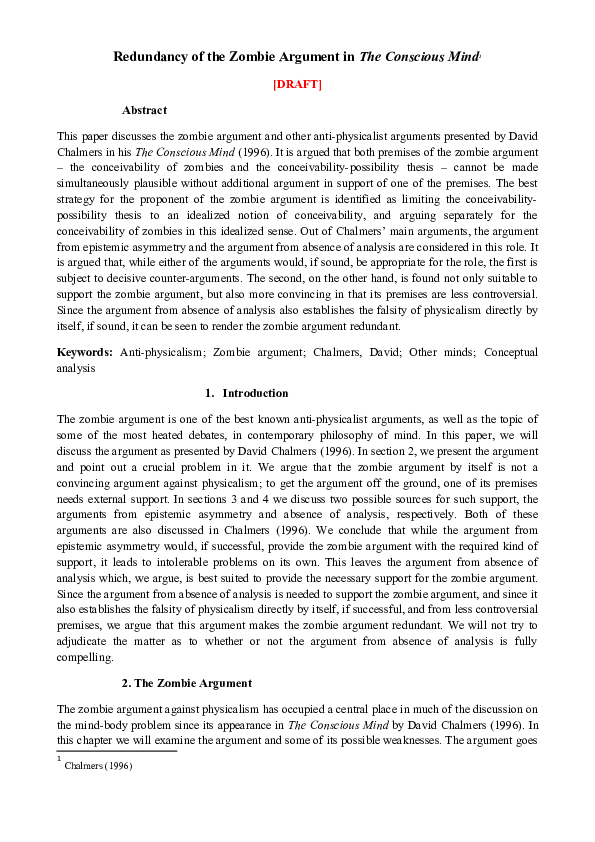(DOC) Redundancy of the Zombie Argument in The Conscious Mind Tero Vaaja Academia.edu