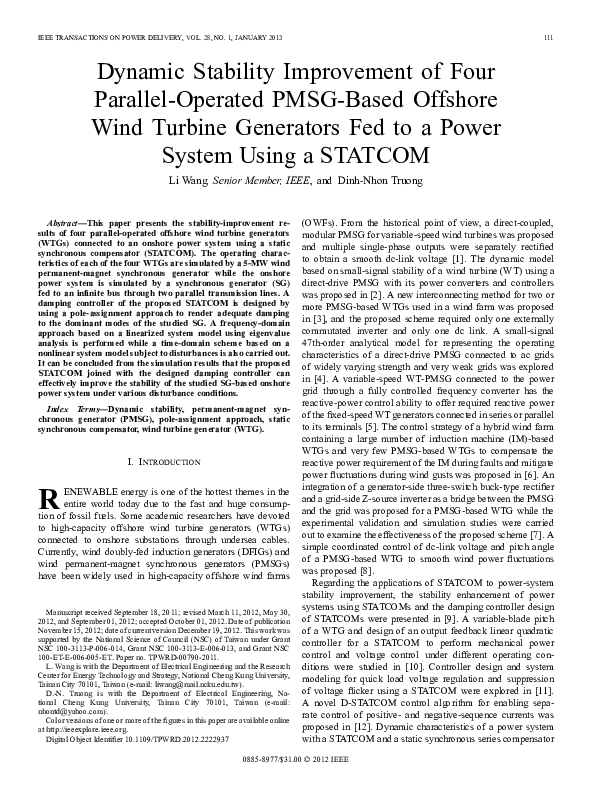 (PDF) Dynamic Stability Improvement of Four ParallelOperated PMSGBased Offshore Wind Turbine