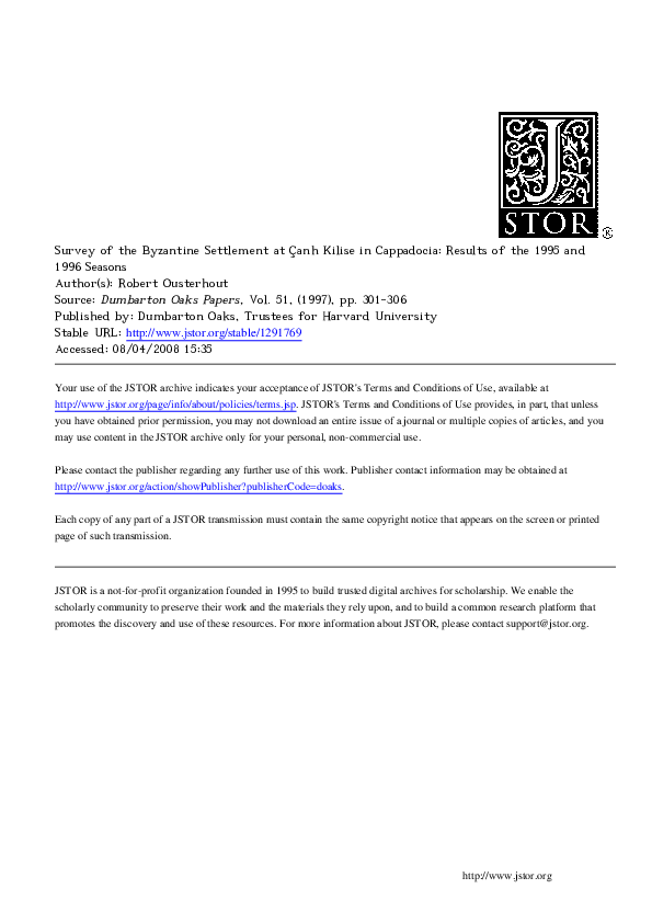Survey of the Byzantine Settlement at Çanlı Kilise in Cappadocia:  Results of the 1995 and 1996 Seasons