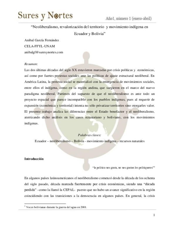 “Neoliberalismo, revalorización del territorio y movimiento indígena en Ecuador y Bolivia”