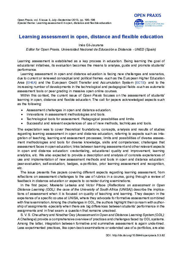 Learning assessment in open, distance and flexible education