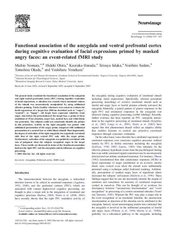 (PDF) Functional association of the amygdala and ventral prefrontal ...