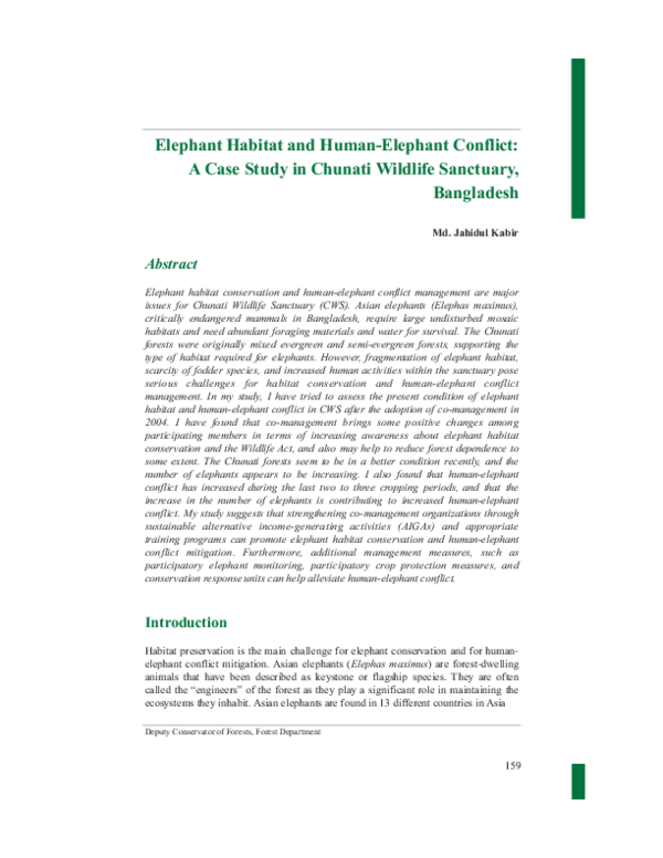 (PDF) Elephant Habitat and HumanElephant Conflict A Case Study in Chunati Wildlife Sanctuary