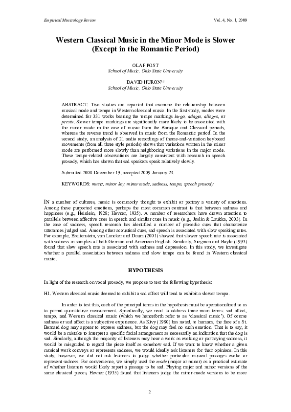 (PDF) Western classical music in the minor mode is slower David Huron