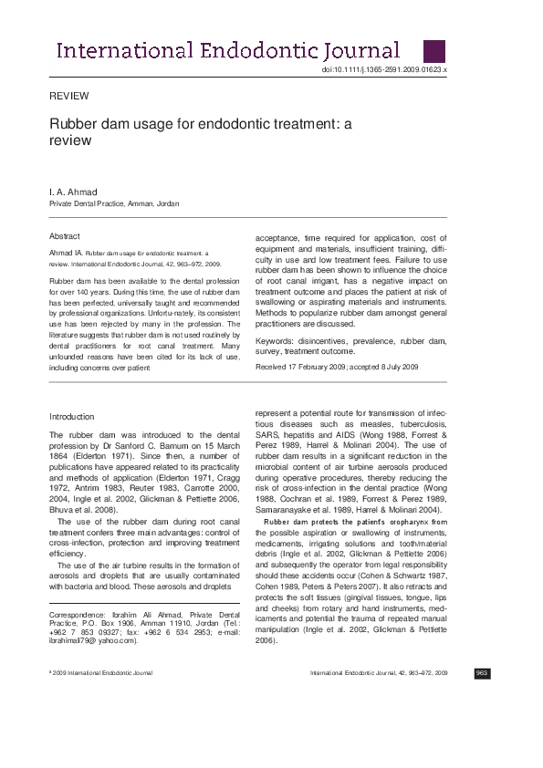 (PDF) 2009 Ahmad Rubber Dam usage for endodontic treatment A Review