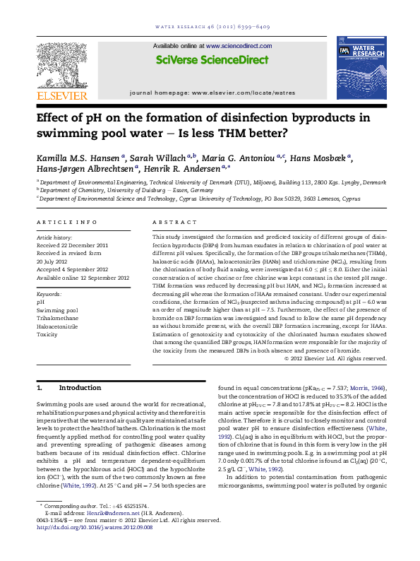 (PDF) Effect of pH on the formation of disinfection byproducts in swimming pool water Is less