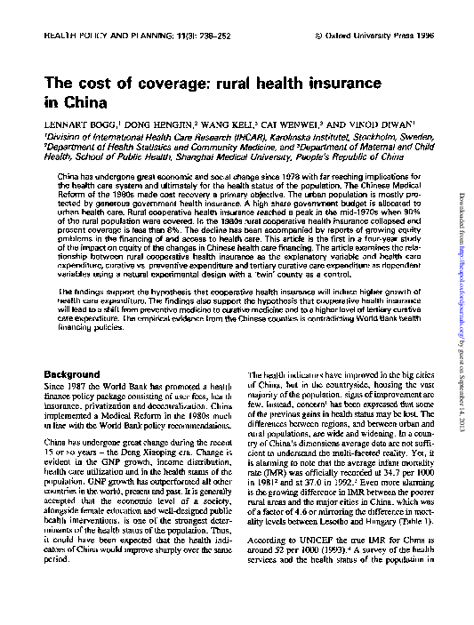 (PDF) The cost of coverage: rural health insurance in China