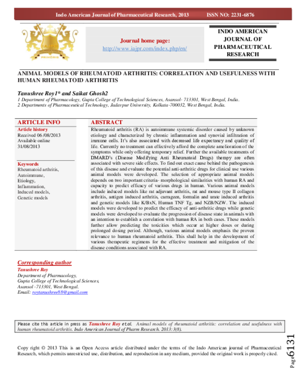 (PDF) Animal models of Rheumatoid Arthritis correlation and usefulness ...