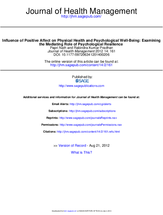 (PDF) Influence of Positive Affect on Physical Health and Psychological ...