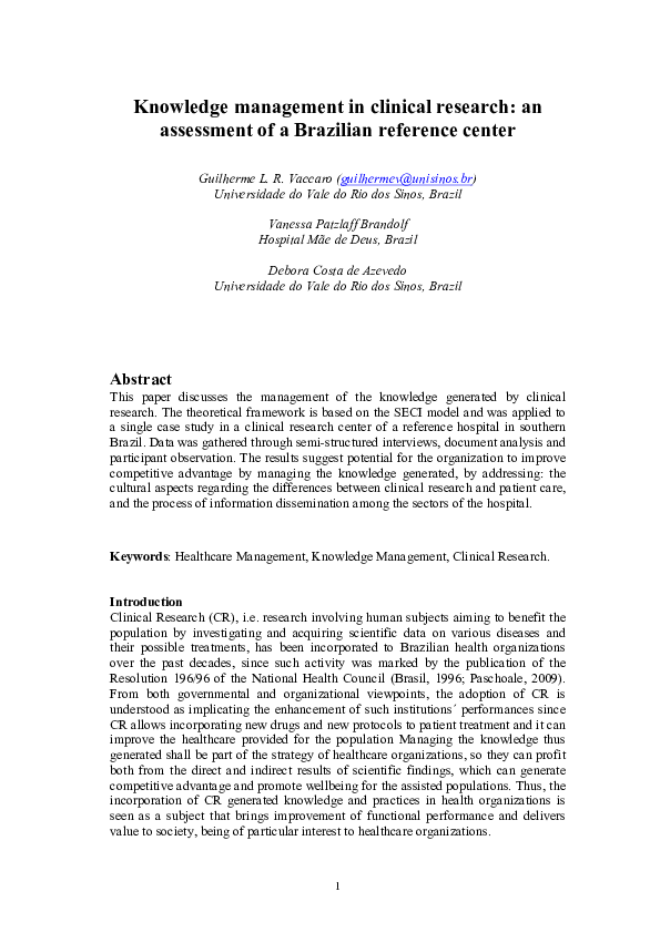 (PDF) Knowledge management in clinical research: an assessment of a ...
