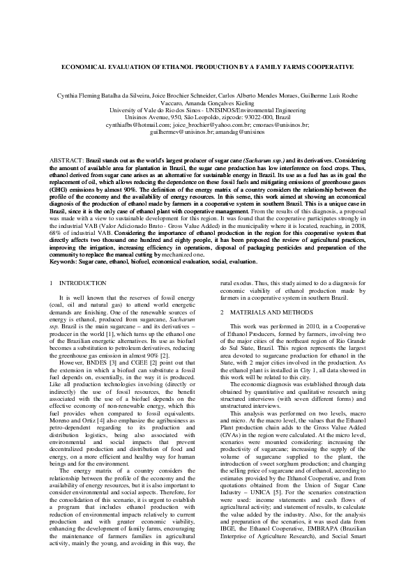 (PDF) ECONOMICAL EVALUATION OF ETHANOL PRODUCTION BY A FAMILY FARMS ...