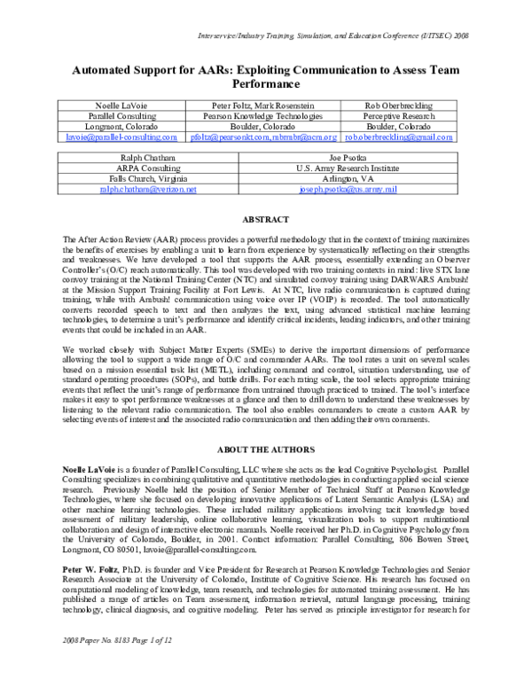 (PDF) Automated Support for AARs: Exploiting Communication to Assess ...