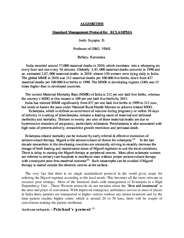 (PDF) Algorithm and Standard Management Protocol for Eclampsia