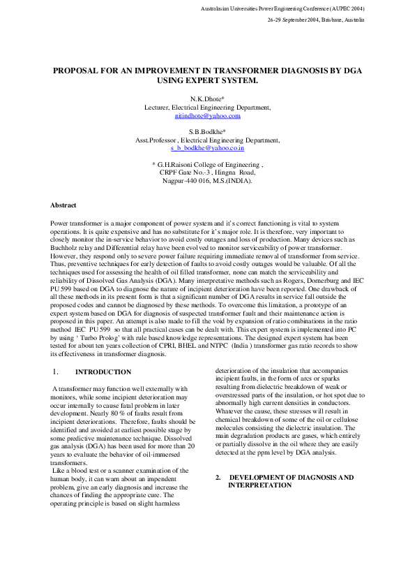 (PDF) PROPOSAL FOR AN IMPROVEMENT IN TRANSFORMER DIAGNOSIS BY DGA USING ...