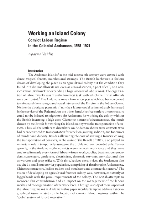 (PDF) Working an Island Colony: Convict Labour Regime in Colonial Andamans