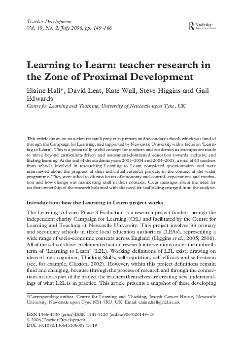 (PDF) Learning to Learn: Teacher Research In the Zone of Proximal ...