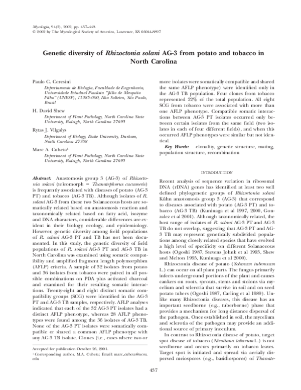 (PDF) Genetic diversity of Rhizoctonia solani AG3 from potato and ...