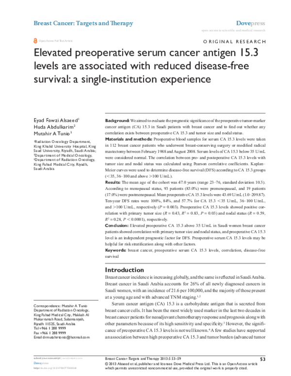 (PDF) Elevated preoperative serum cancer antigen 15.3 levels are associated with reduced disease