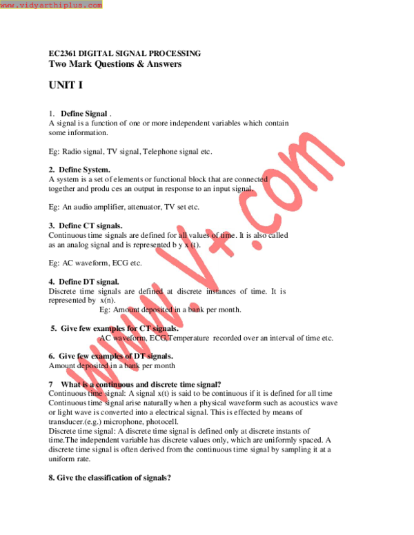 (PDF) EC2361 DIGITAL SIGNAL PROCESSING dineshkumar t Academia.edu