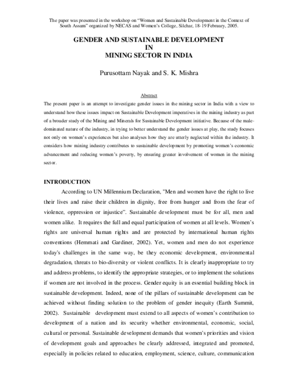 Pdf Gender And Sustainable Development In Mining Sector In India Purusottam Nayak Academia Edu