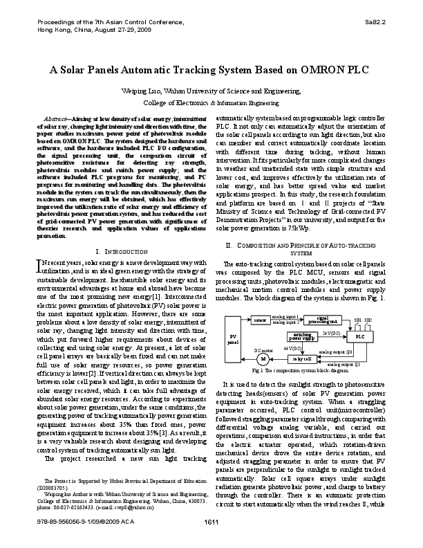 (PDF) A Solar Panels Automatic Tracking System Based on OMRON PLC