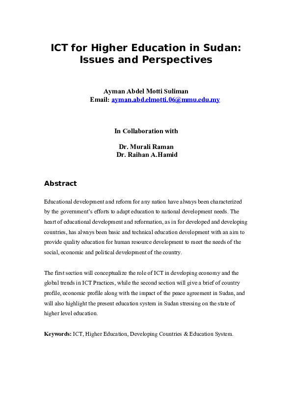 (DOC) ICT for Higher Education in Sudan Issues and Perspectives