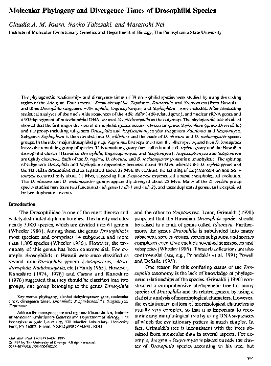 (PDF) Molecular phylogeny and divergence times of drosophilid species