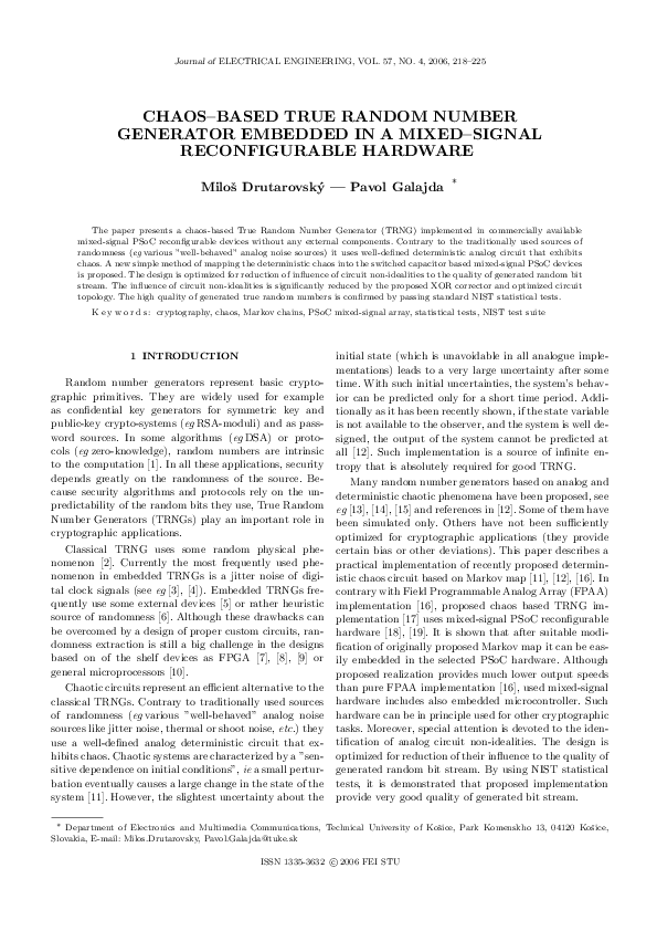 (PDF) CHAOS–BASED TRUE RANDOM NUMBER GENERATOR EMBEDDED IN A MIXED ...