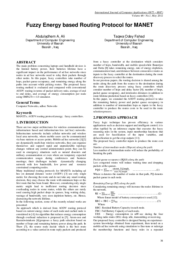 (PDF) Fuzzy Energy based Routing Protocol for MANET