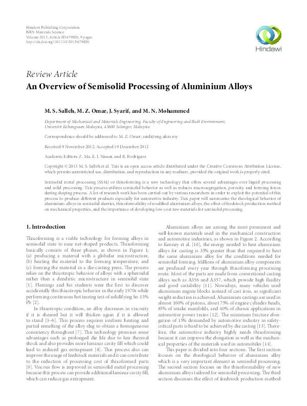 (PDF) An Overview of Semisolid Processing of Aluminium Alloys
