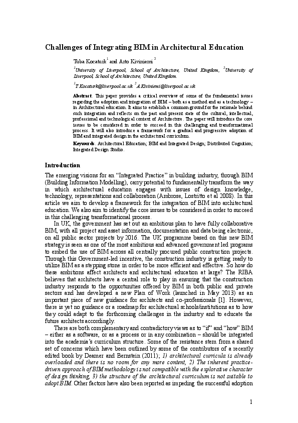 (PDF) Challenges of Integrating BIM in Architectural Education Tuba