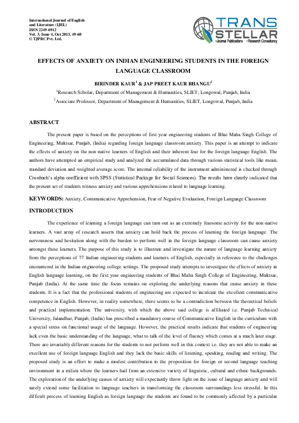 (PDF) Effects of Anxiety on Indian Engineering Students in the Foreign ...