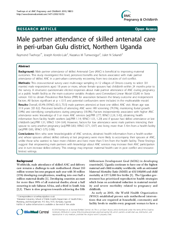 (PDF) Male partner attendance of skilled antenatal care in peri-urban ...