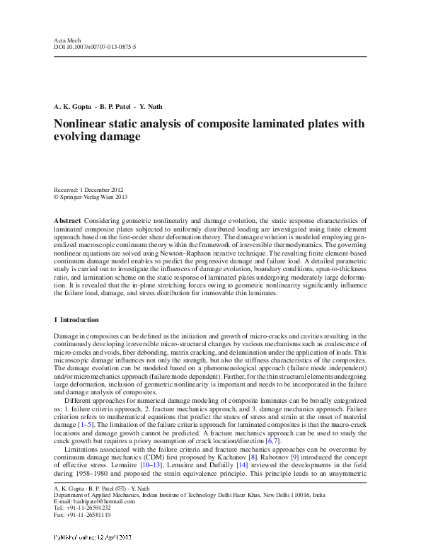 (PDF) Nonlinear static analysis of composite laminated plates with ...