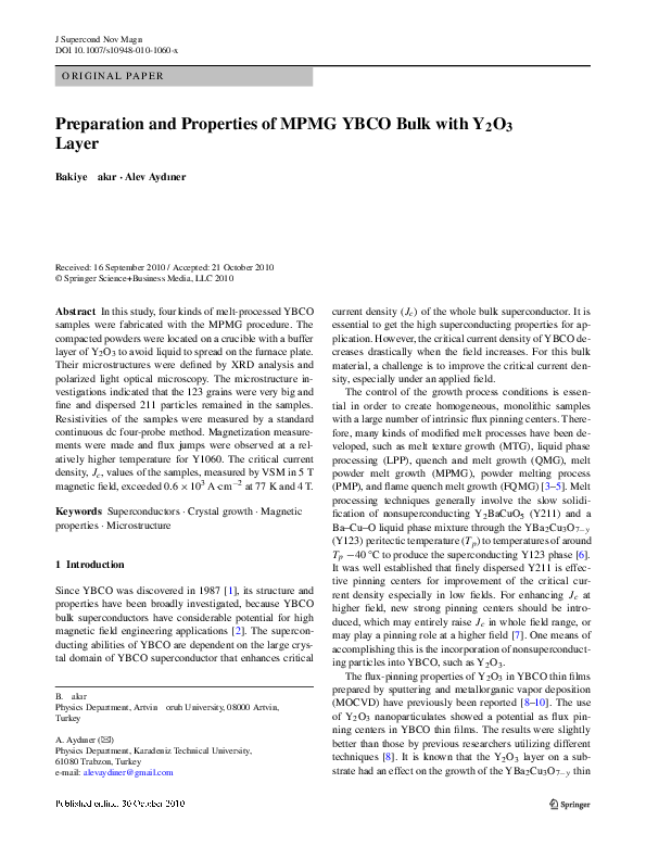 (PDF) Preparation and Properties of MPMG YBCO Bulk with Y 2 O 3 Layer