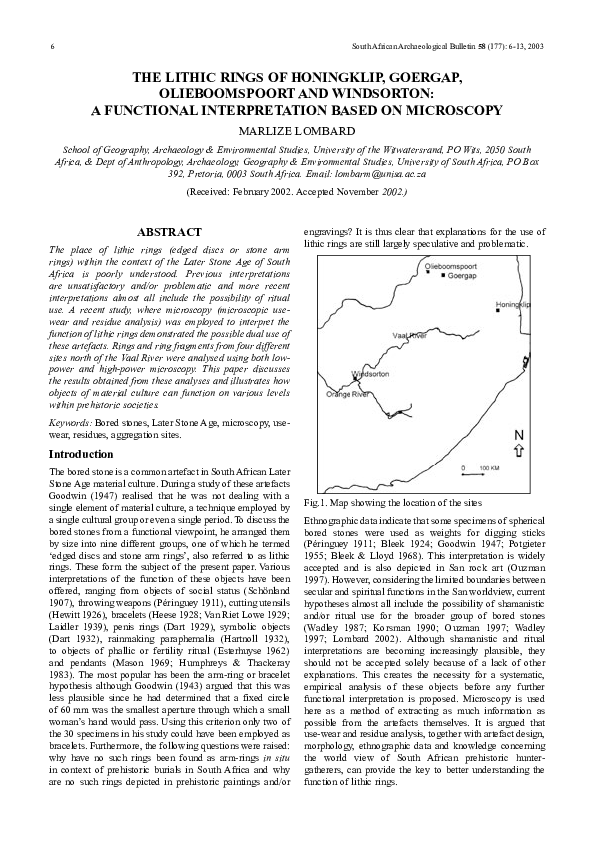 (PDF) The lithic rings from Honingklip, Goergap, Olieboomspoort and ...