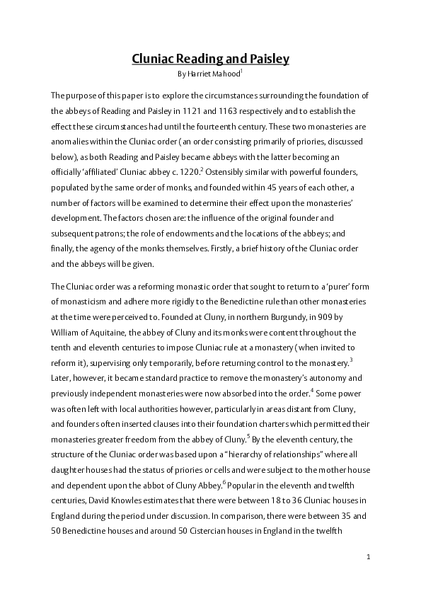Mahood, H., "Cluniac Reading and Paisley", in Berkshire Old and New, No. 30 (2013) pp. 3-13