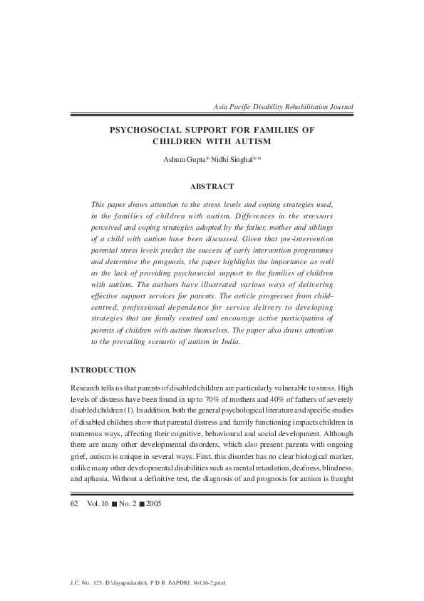 (PDF) PSYCHOSOCIAL SUPPORT FOR FAMILIES OF CHILDREN WITH AUTISM