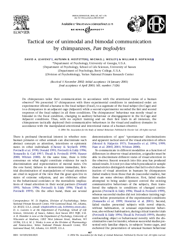 (PDF) Tactical use of unimodal and bimodal communication by chimpanzees ...