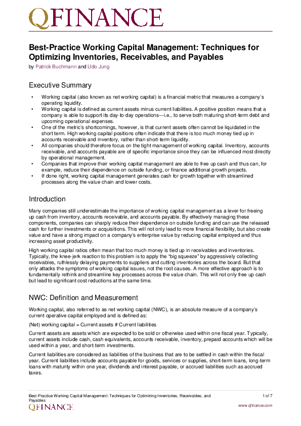 (PDF) BestPractice Working Capital Management Techniques for