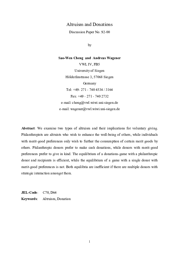 Pdf Altruism And Donations Sao Wen Cheng Academia Edu
