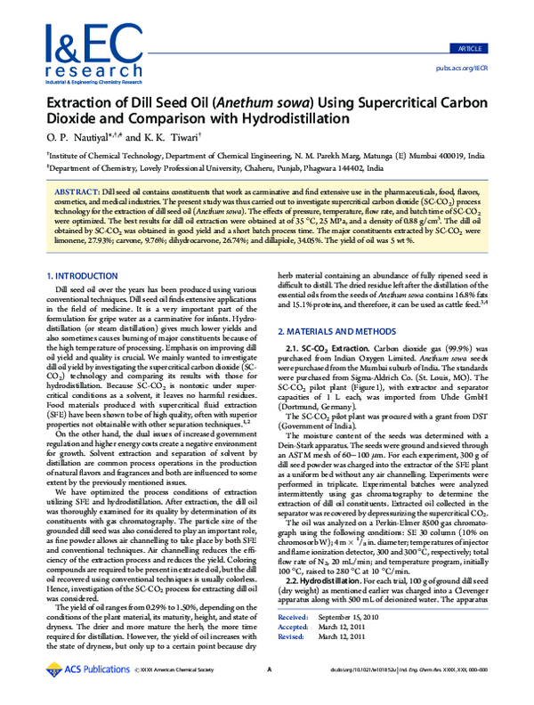 (PDF) Extraction of Dill Seed Oil sowa) Using Supercritical