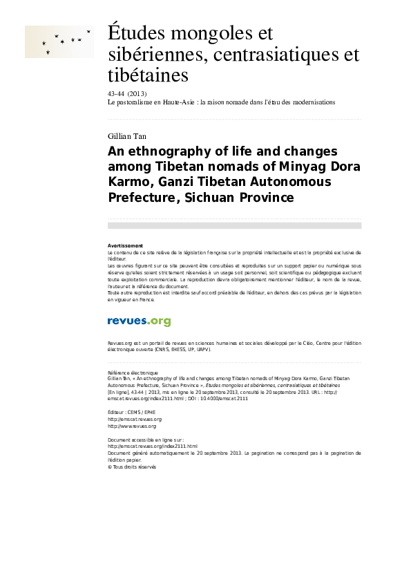 Pdf An Ethnography Of Life And Change Among Tibetan Nomads