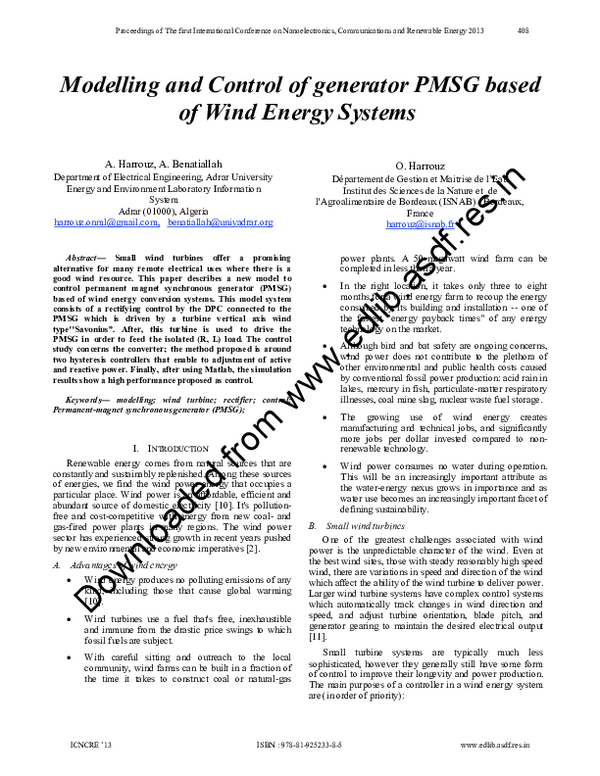 (PDF) Modelling and Control of generator PMSG based of Wind Energy Systems
