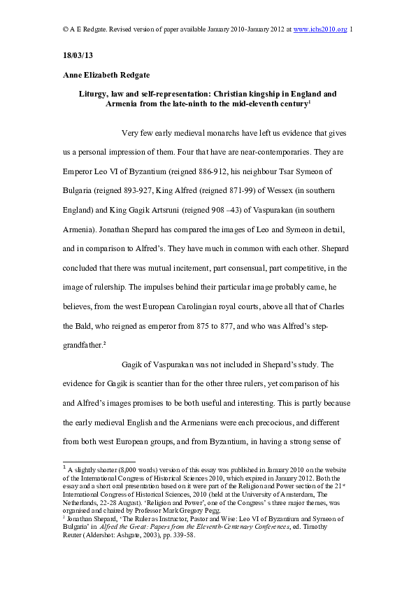 Liturgy, law and self-representation: Christian kingship in England and Armenia from the late-ninth to the mid-eleventh century